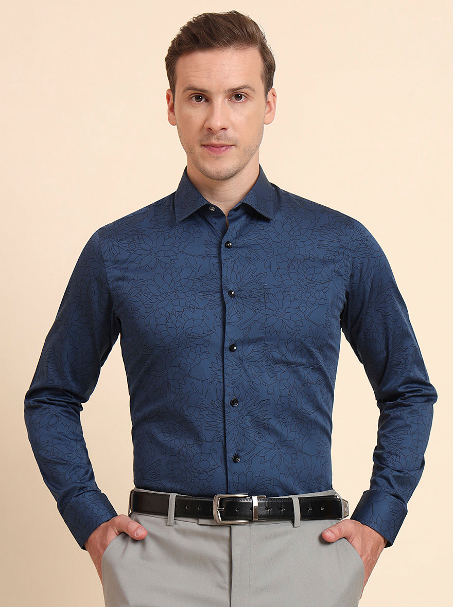 Blue & Black Printed Slim Fit Formal Shirt | JadeBlue Youth