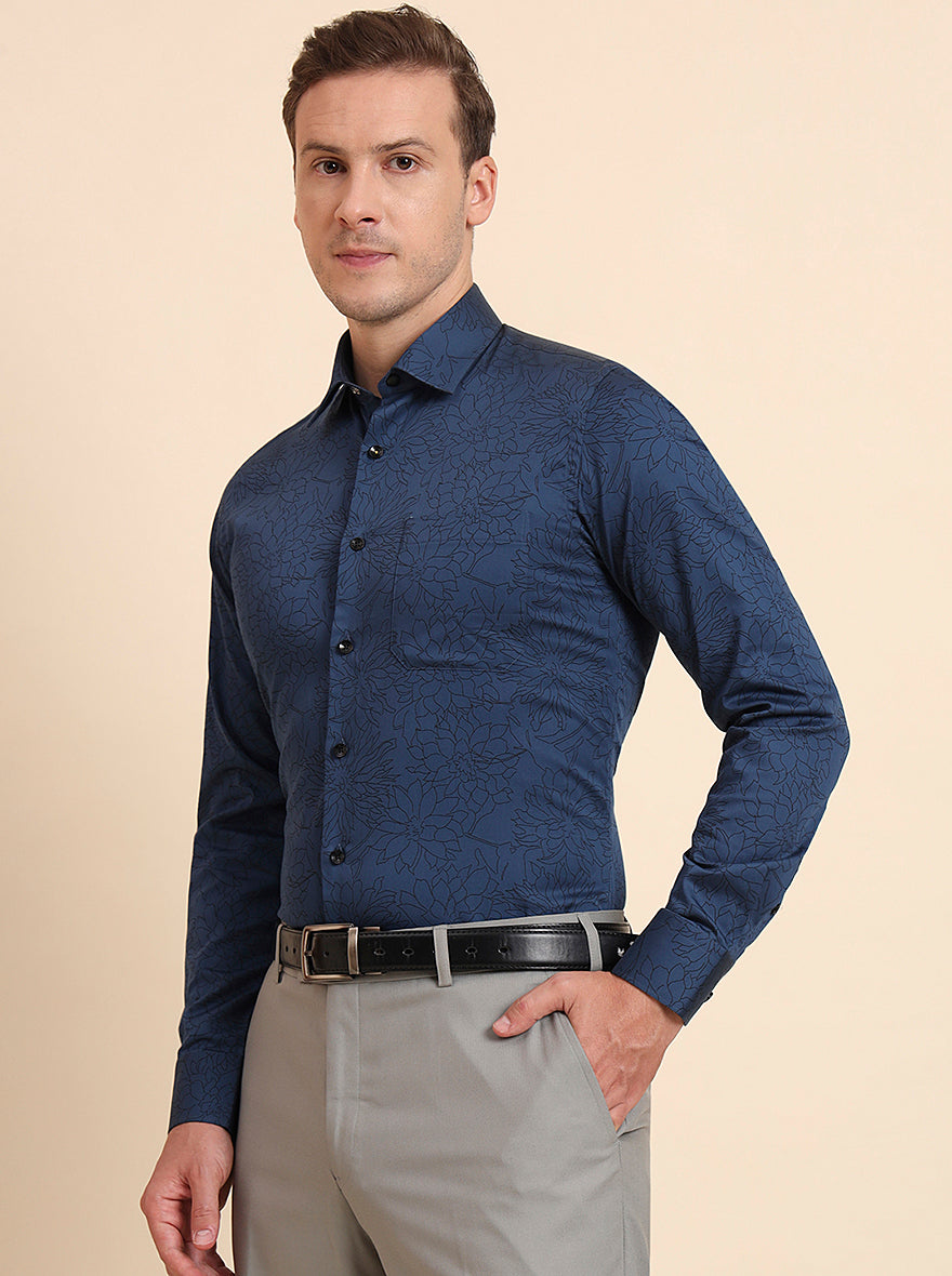 Blue & Black Printed Slim Fit Formal Shirt | JadeBlue Youth