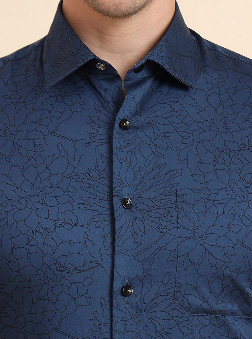 Blue & Black Printed Slim Fit Formal Shirt | JadeBlue Youth