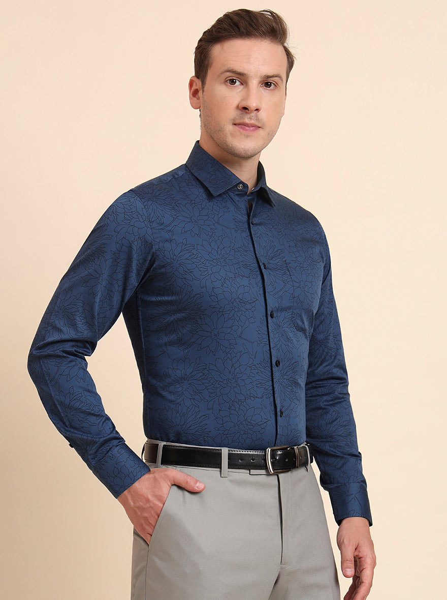 Blue & Black Printed Slim Fit Formal Shirt | JadeBlue Youth
