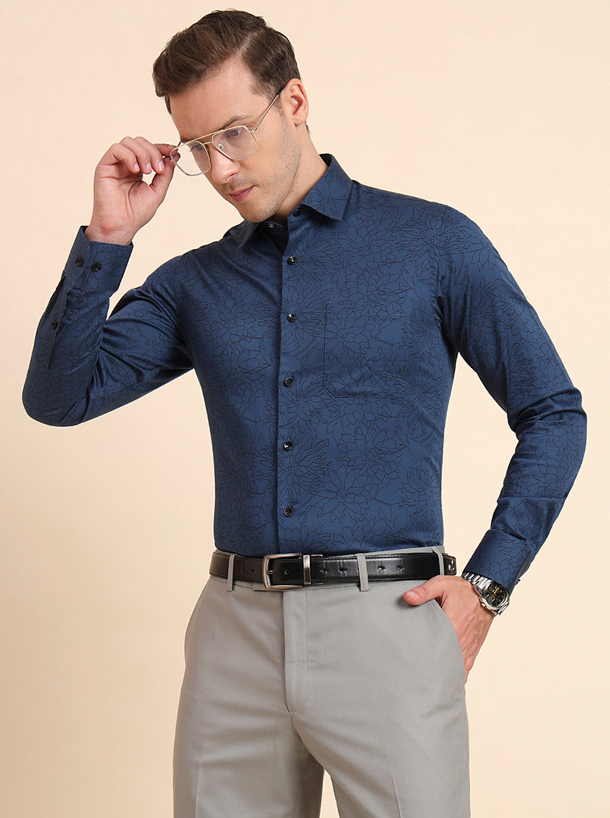Blue & Black Printed Slim Fit Formal Shirt | JadeBlue Youth