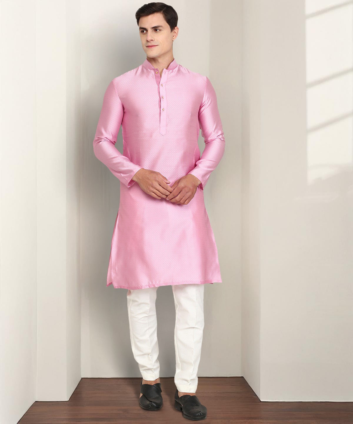 French Pink Texture Silk Blend Kurta | The Kurta Company