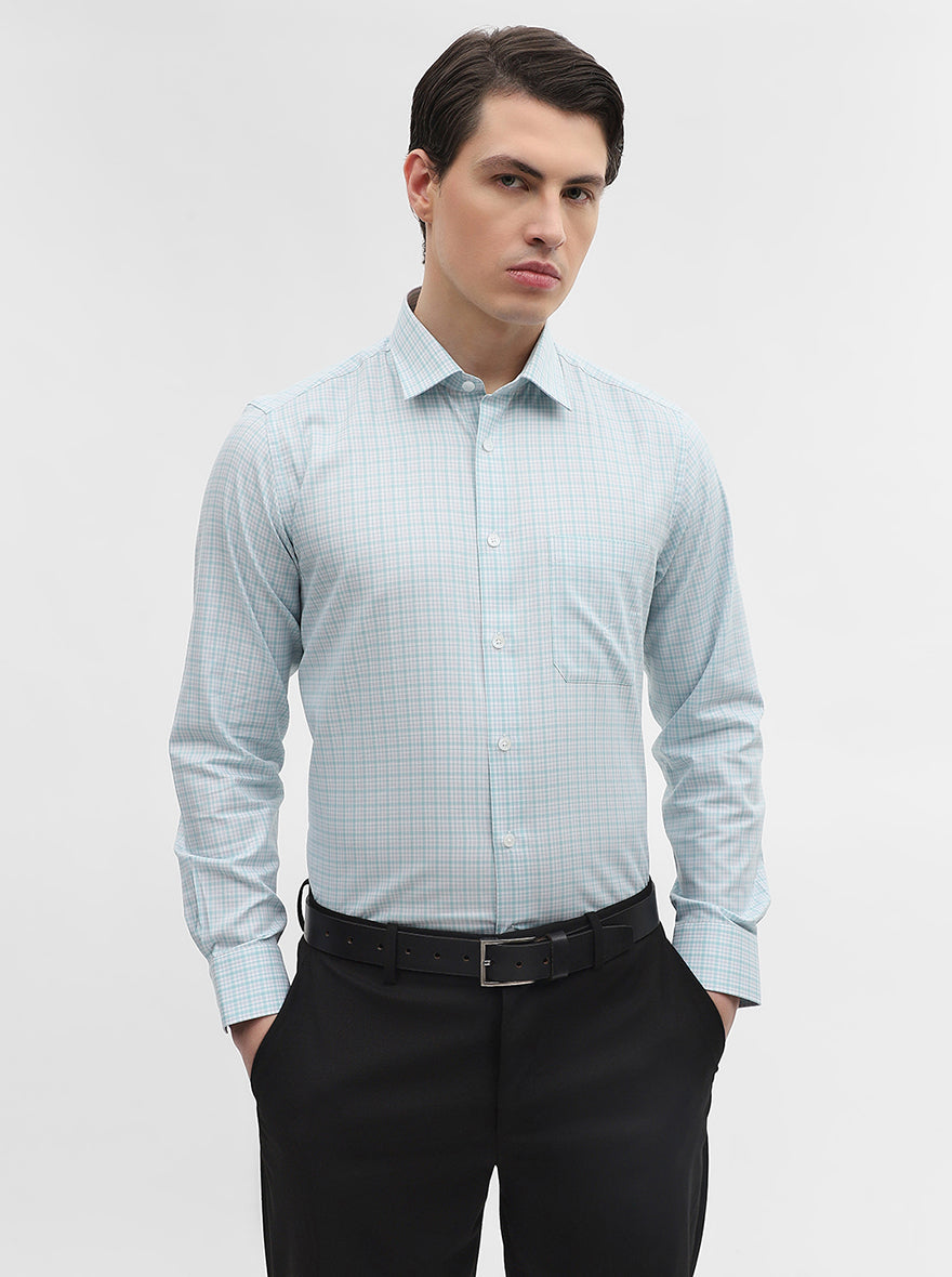 White & Green Checked Regular Fit Formal Shirt | JadeBlue