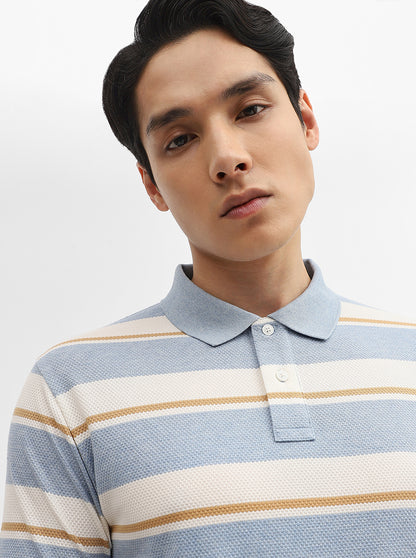 Blue & White Striped Slim Fit Polo T-Shirt | Greenfibre