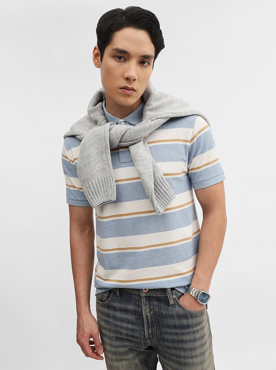 Blue & White Striped Slim Fit Polo T-Shirt | Greenfibre