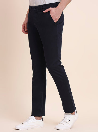 Navy Blue Printed Super Slim Fit Casual Trouser | Greenfibre