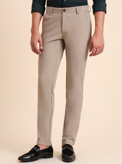 Beige Solid Slim Fit Club Wear Trouser | JB Studio