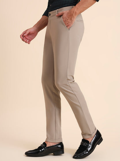 Beige Solid Slim Fit Club Wear Trouser | JB Studio