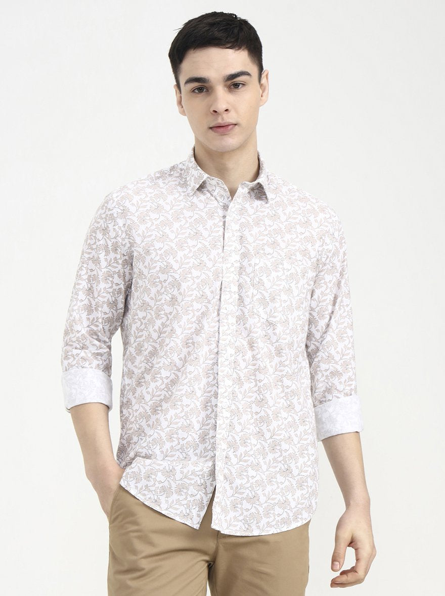 Beige Printed Tailored Fit Semi Casual Shirt | JadeBlue