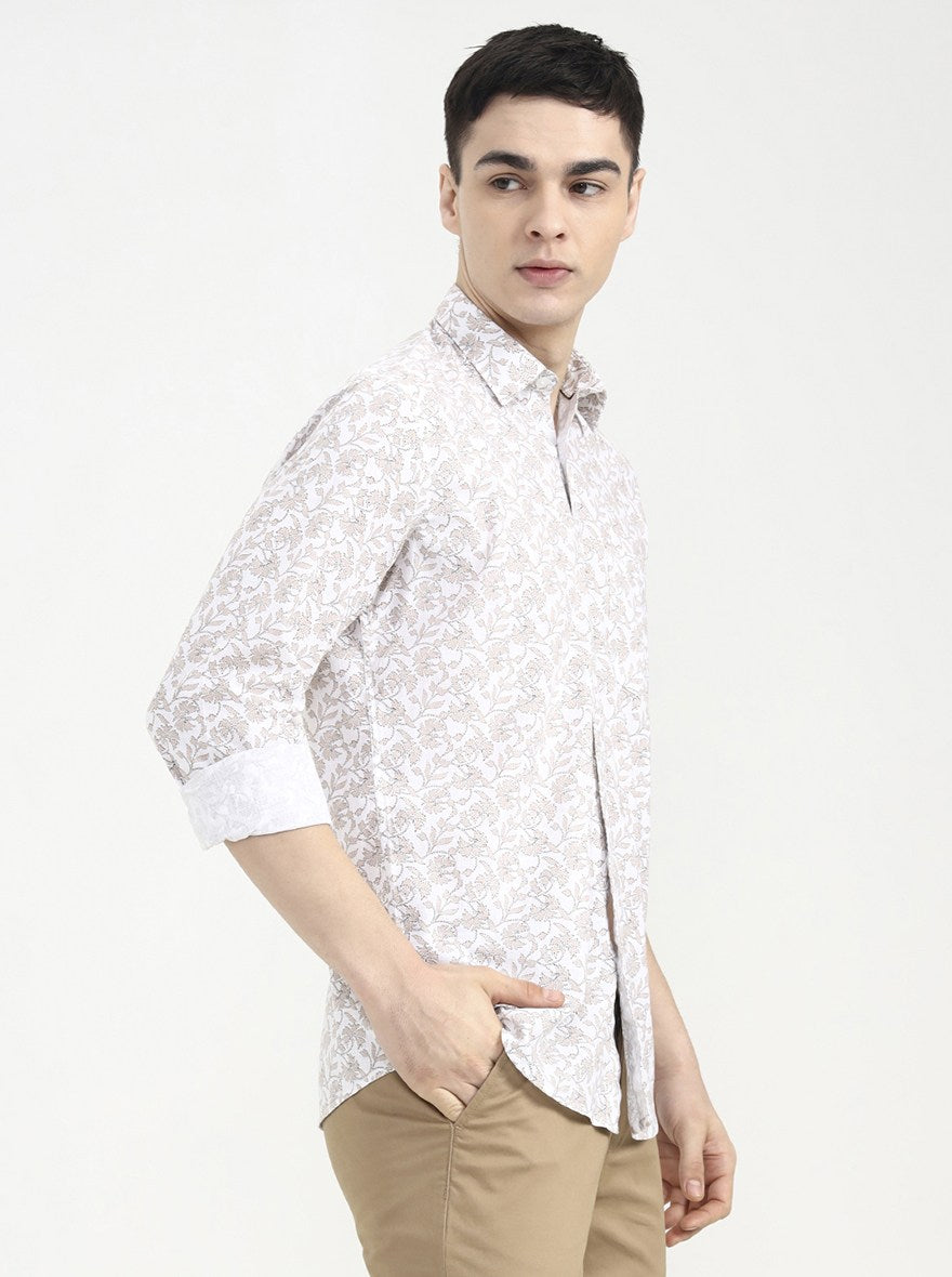 Beige Printed Tailored Fit Semi Casual Shirt | JadeBlue