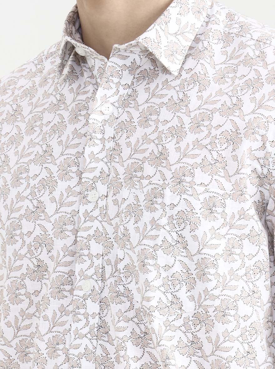 Beige Printed Tailored Fit Semi Casual Shirt | JadeBlue