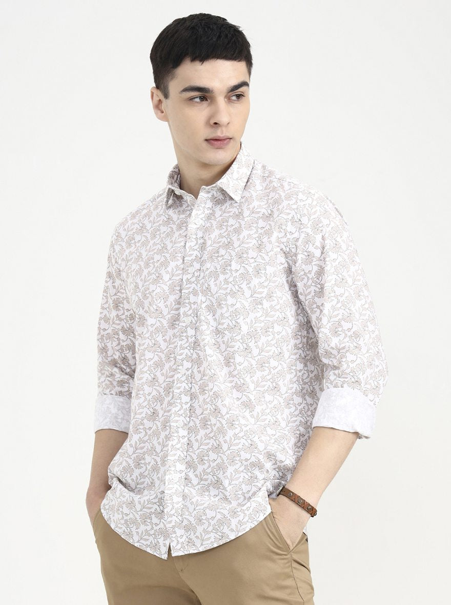 Beige Printed Tailored Fit Semi Casual Shirt | JadeBlue