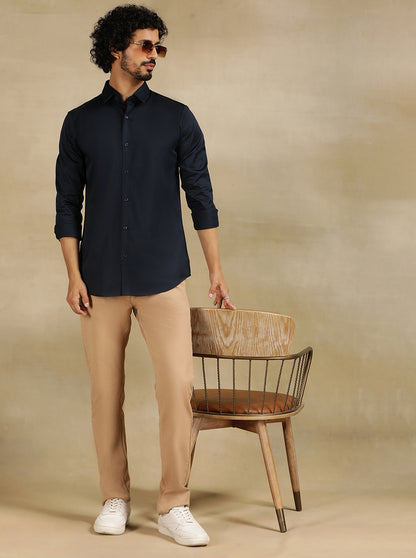 Navy Blue Solid Slim Fit Casual Shirt | JadeBlue
