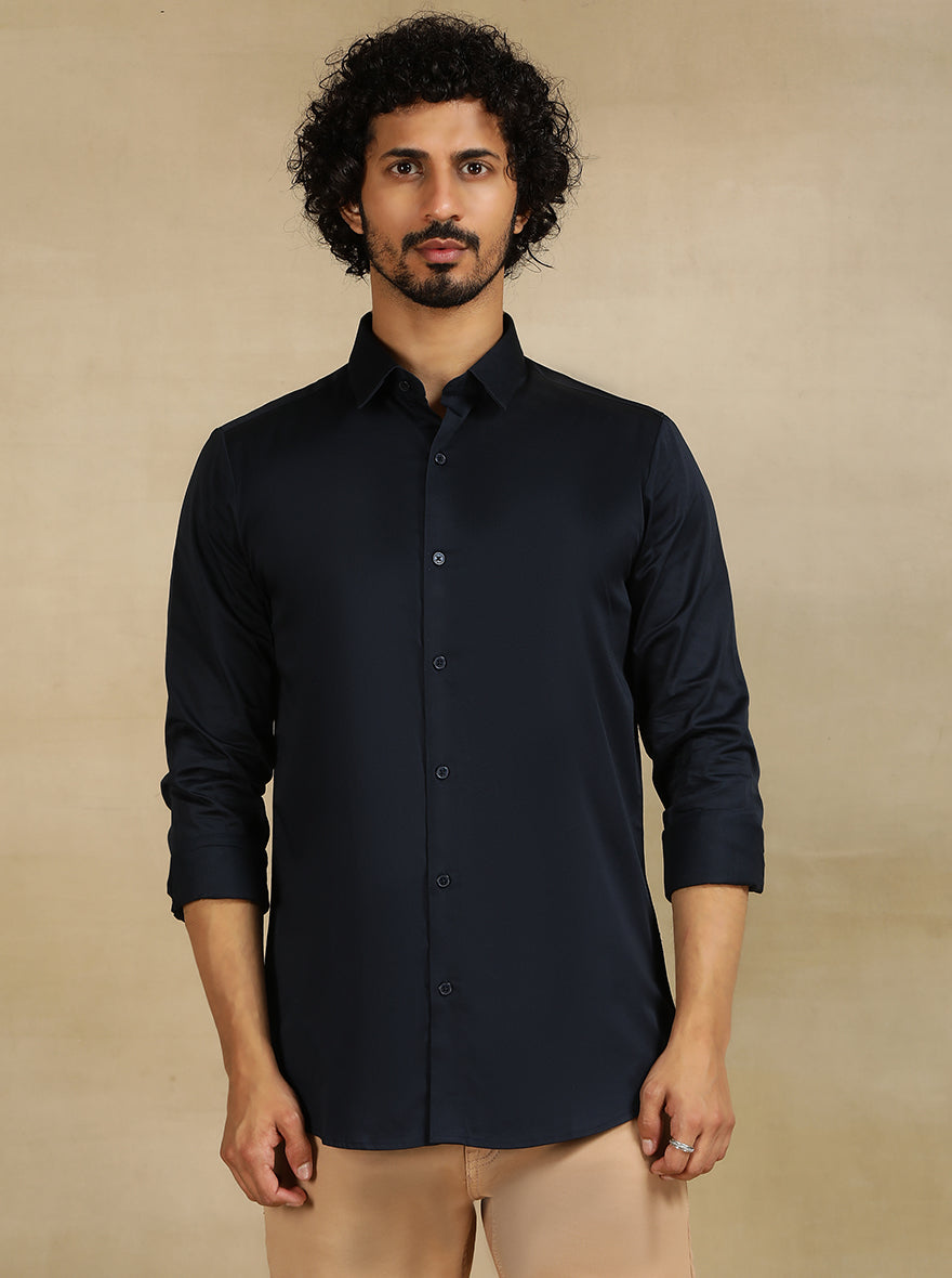 Navy Blue Solid Slim Fit Casual Shirt | JadeBlue