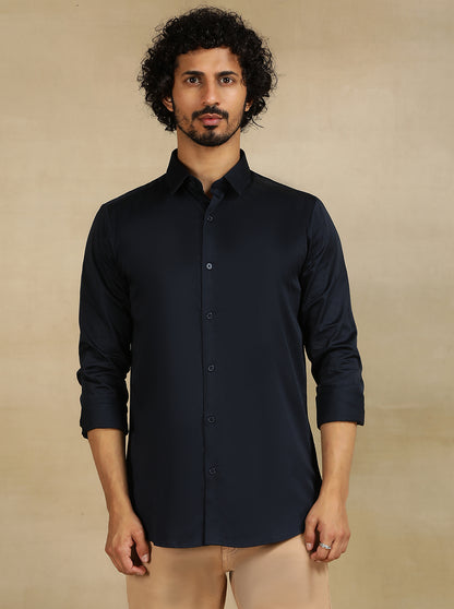 Navy Blue Solid Slim Fit Casual Shirt | JadeBlue