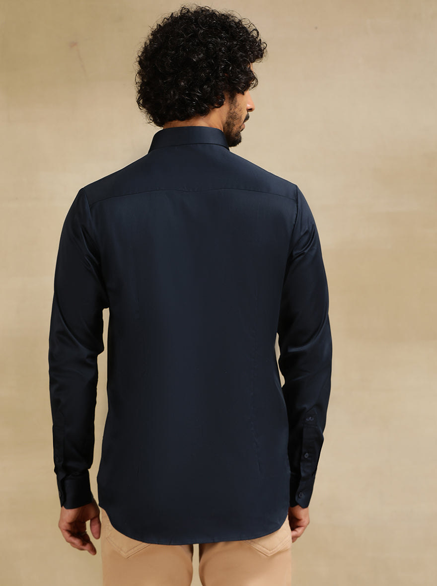 Navy Blue Solid Slim Fit Casual Shirt | JadeBlue