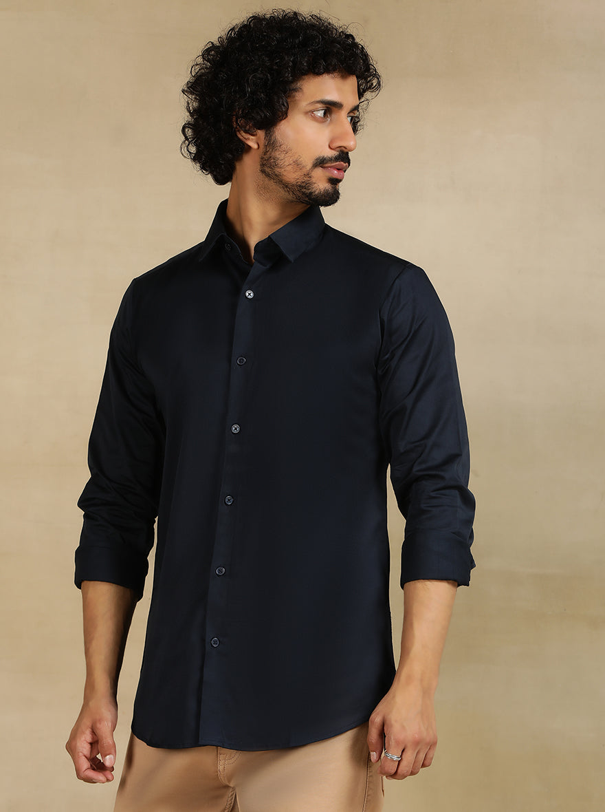 Navy Blue Solid Slim Fit Casual Shirt | JadeBlue