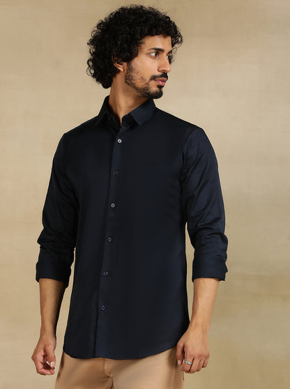 Navy Blue Solid Slim Fit Casual Shirt | JadeBlue