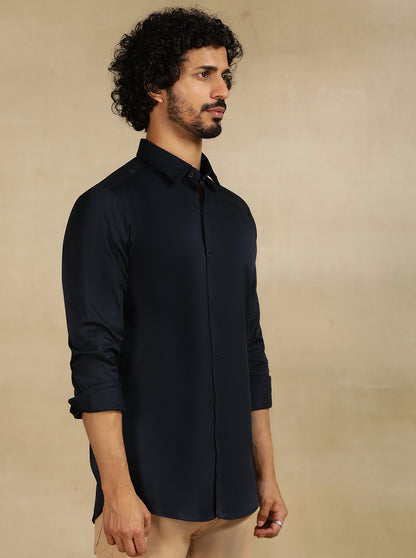 Navy Blue Solid Slim Fit Casual Shirt | JadeBlue