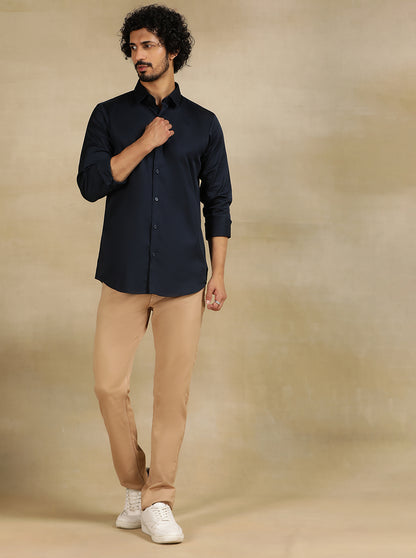 Navy Blue Solid Slim Fit Casual Shirt | JadeBlue