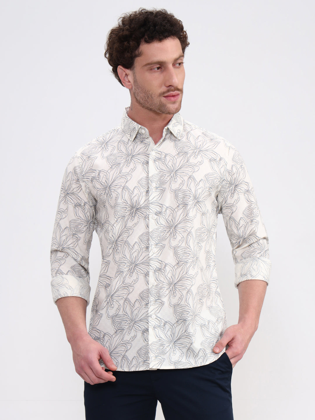 Beige Printed Slim Fit Casual Shirt | JadeBlue