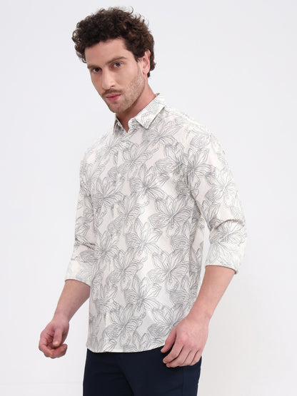 Beige Printed Slim Fit Casual Shirt | JadeBlue