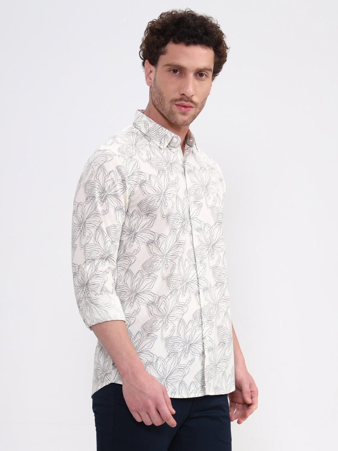 Beige Printed Slim Fit Casual Shirt | JadeBlue
