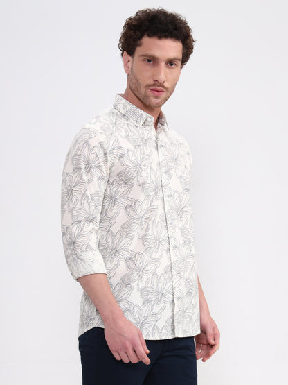 Beige Printed Slim Fit Casual Shirt | JadeBlue