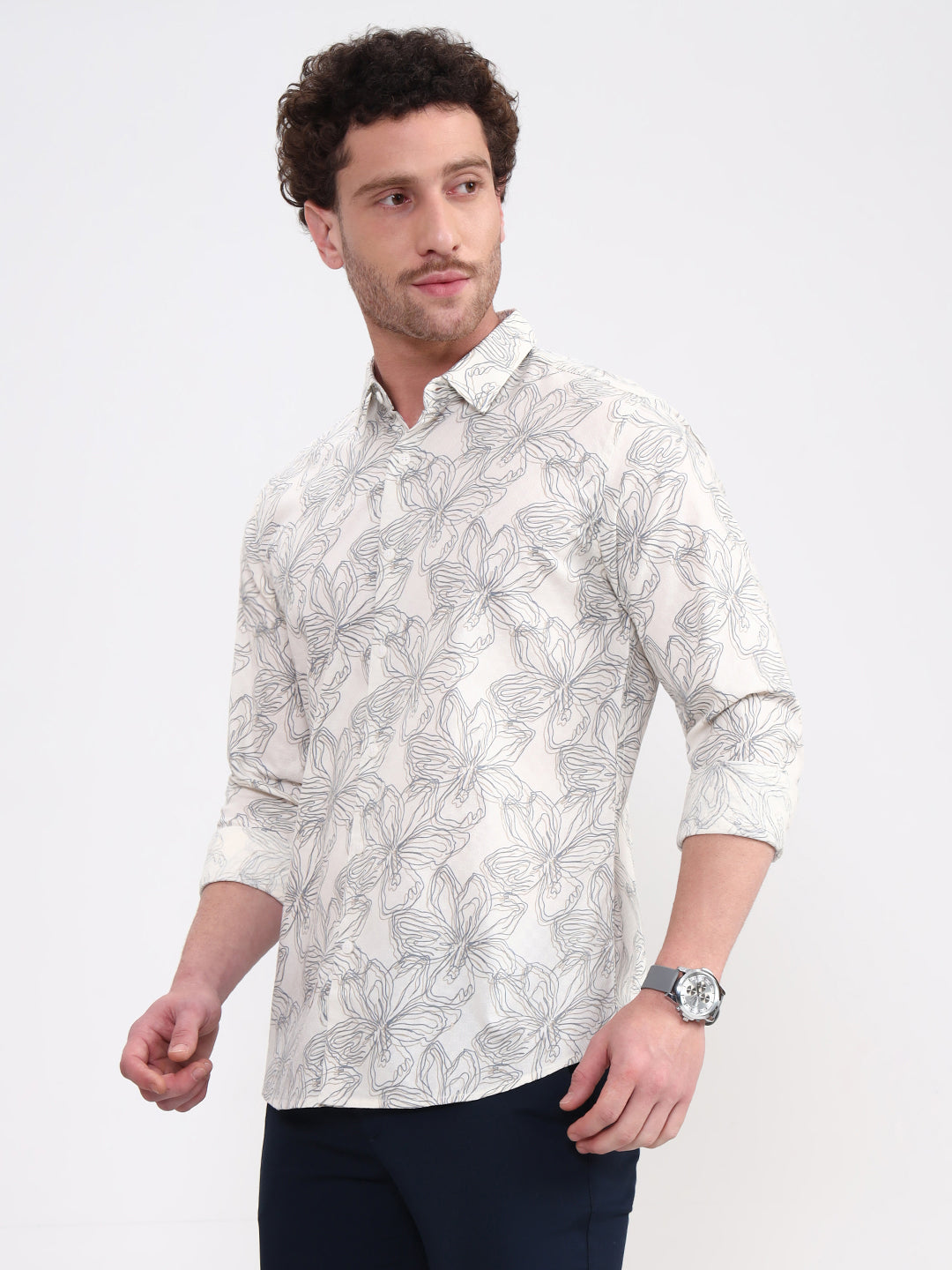 Beige Printed Slim Fit Casual Shirt | JadeBlue