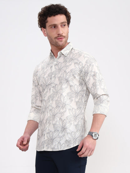 Beige Printed Slim Fit Casual Shirt | JadeBlue