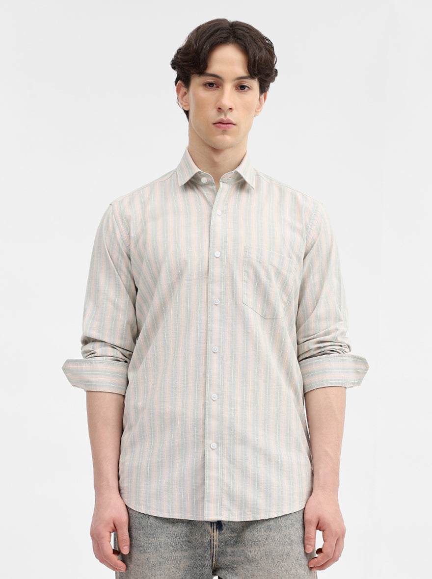 Beige & Pista Striped Tailored Fit Semi Casual Shirt | JadeBlue
