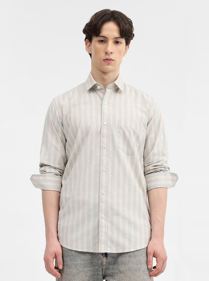 Beige & Pista Striped Tailored Fit Semi Casual Shirt | JadeBlue