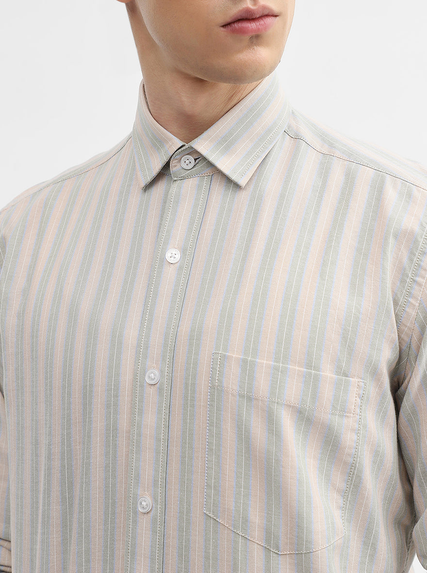 Beige & Pista Striped Tailored Fit Semi Casual Shirt | JadeBlue