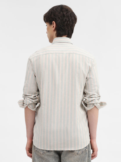 Beige & Pista Striped Tailored Fit Semi Casual Shirt | JadeBlue