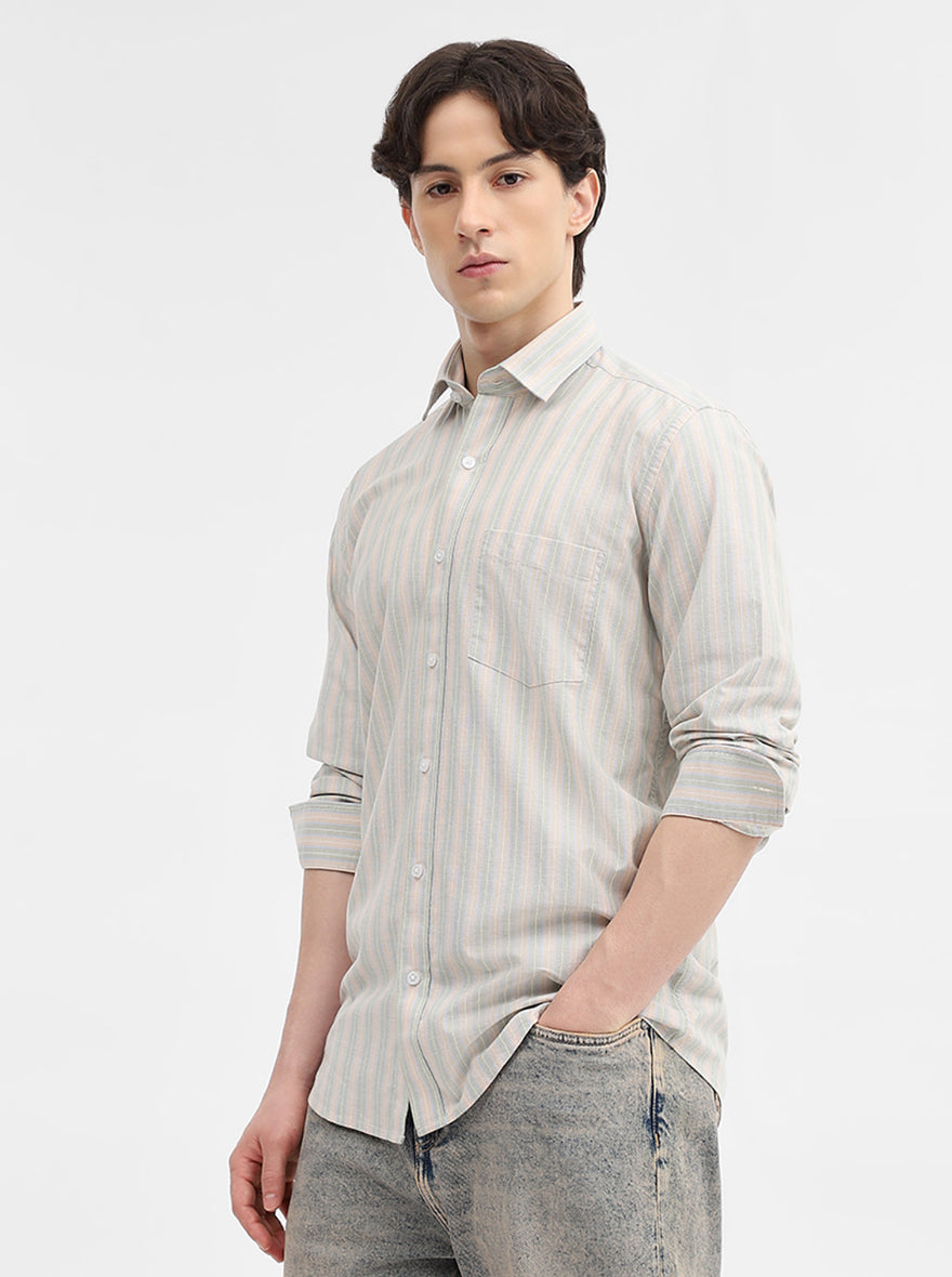 Beige & Pista Striped Tailored Fit Semi Casual Shirt | JadeBlue