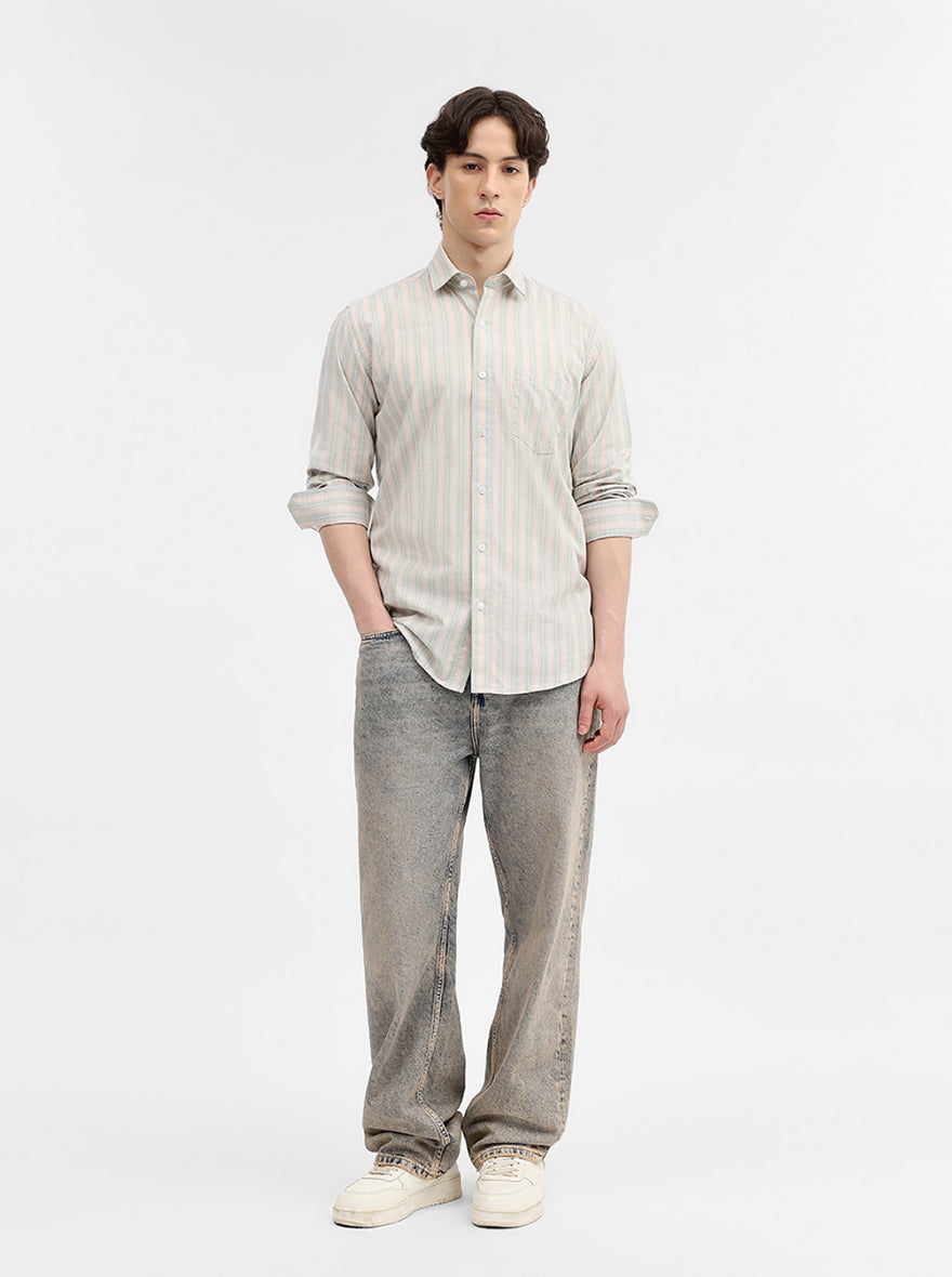 Beige & Pista Striped Tailored Fit Semi Casual Shirt | JadeBlue
