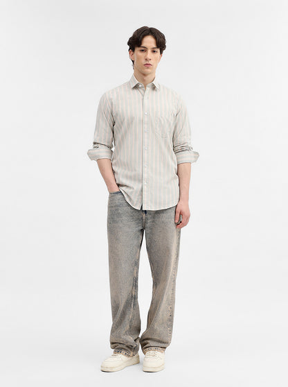 Beige & Pista Striped Tailored Fit Semi Casual Shirt | JadeBlue