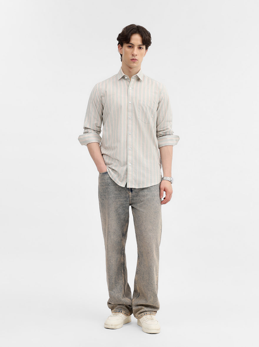 Beige & Pista Striped Tailored Fit Semi Casual Shirt | JadeBlue