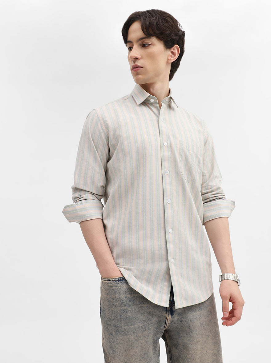 Beige & Pista Striped Tailored Fit Semi Casual Shirt | JadeBlue