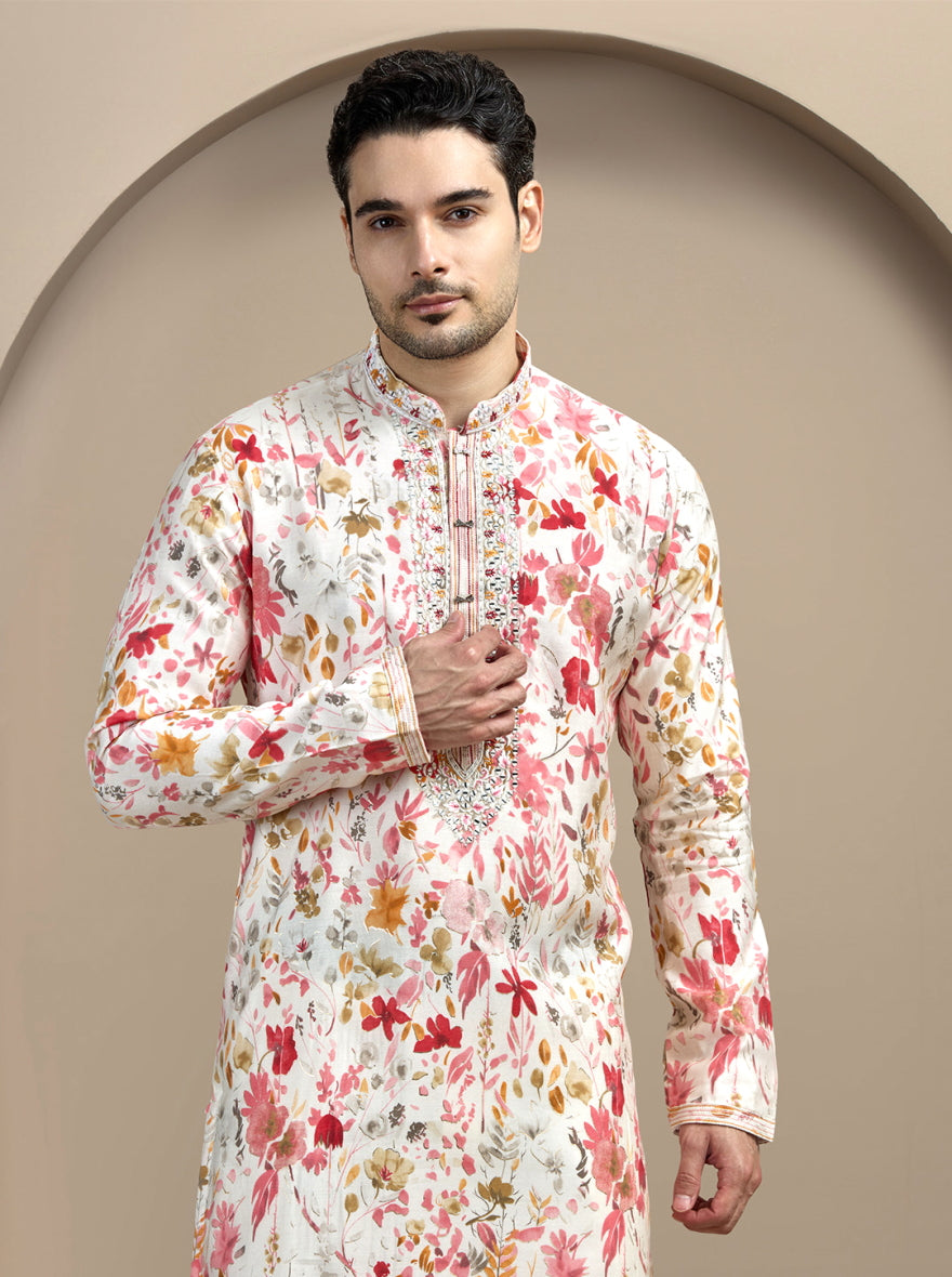 Cream & Pink Printed Kurta Pajama | Virasana