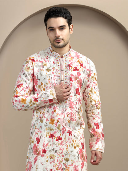 Cream & Pink Printed Kurta Pajama | Virasana