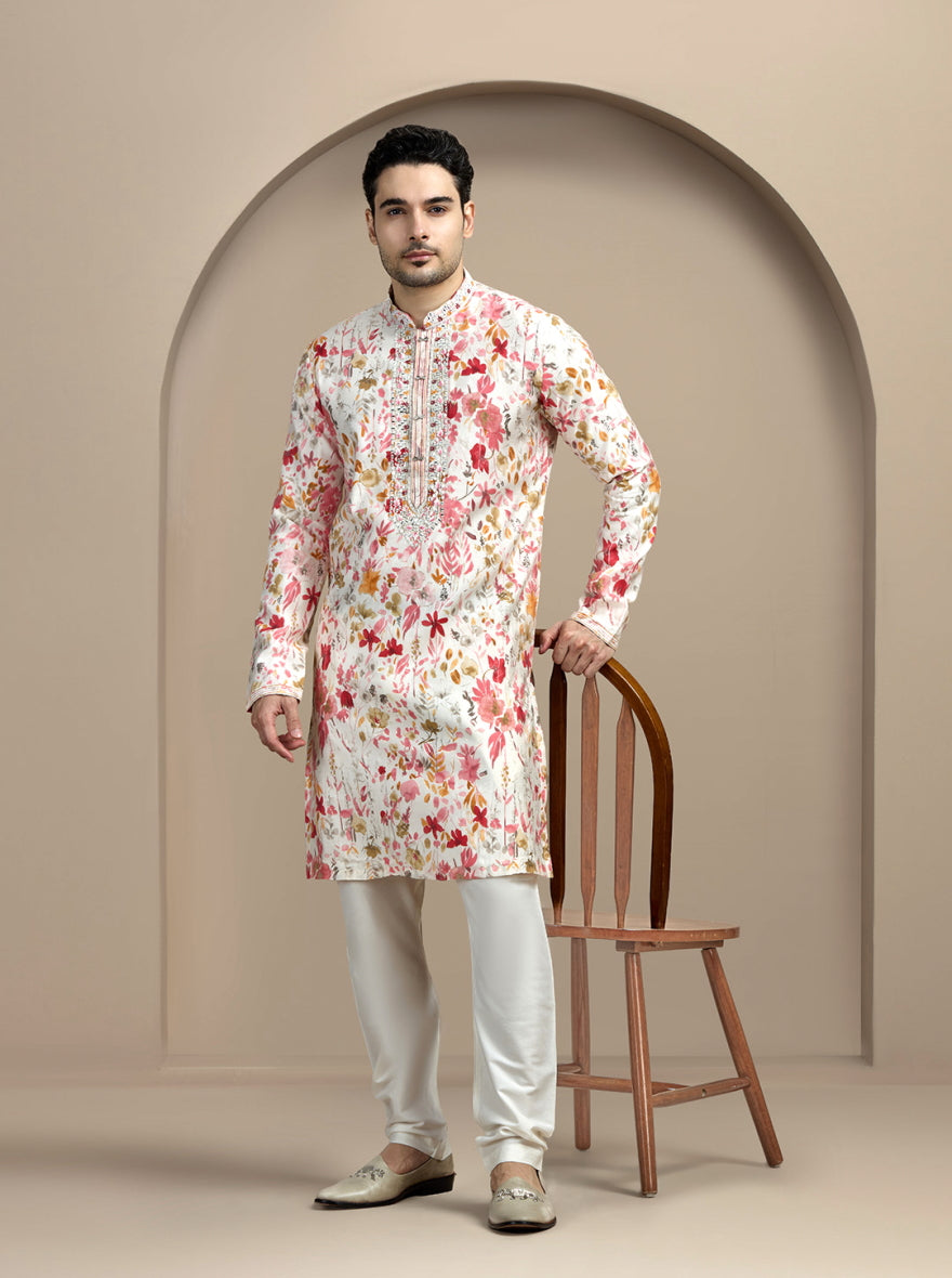 Cream & Pink Printed Kurta Pajama | Virasana