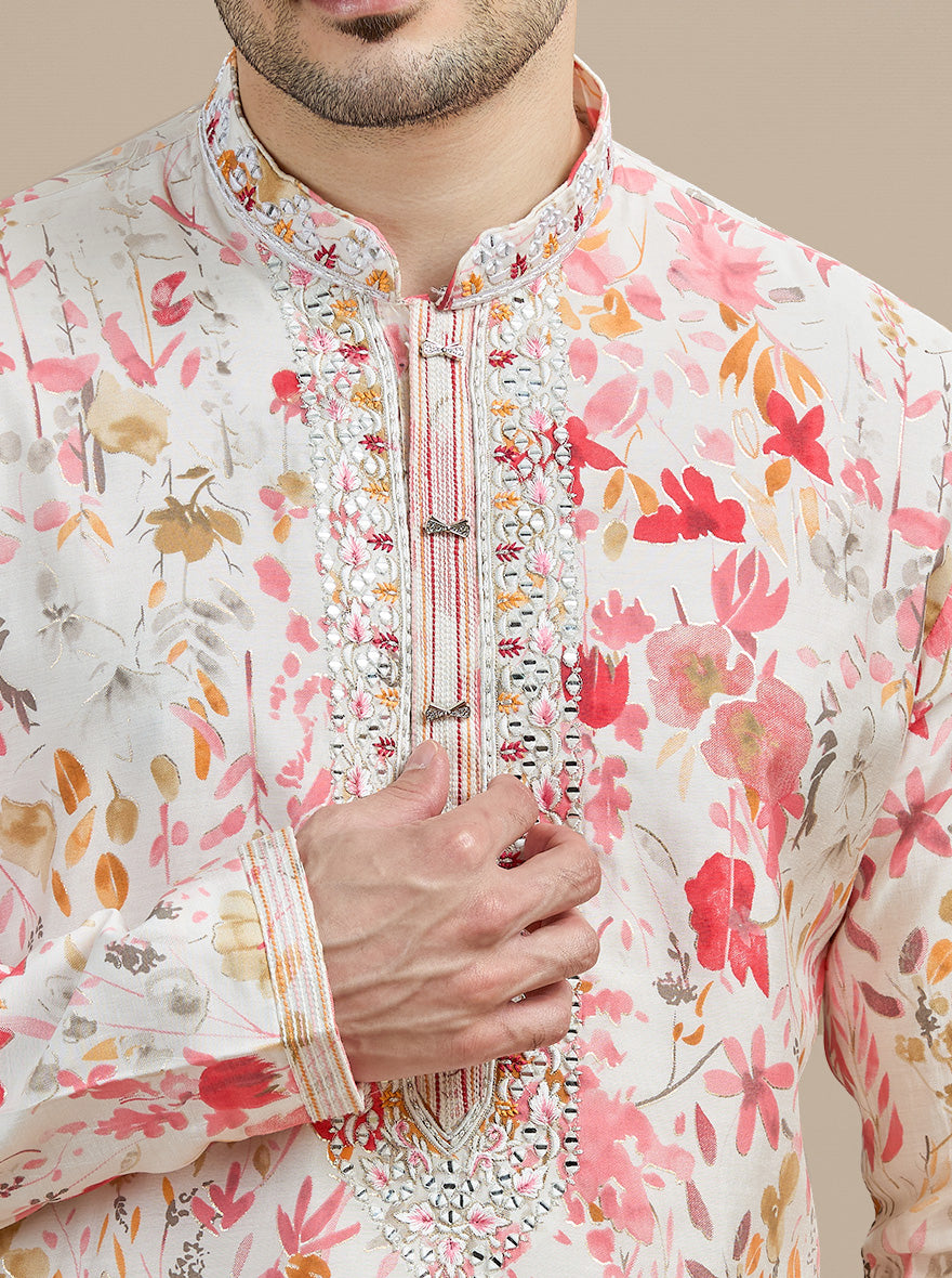 Cream & Pink Printed Kurta Pajama | Virasana