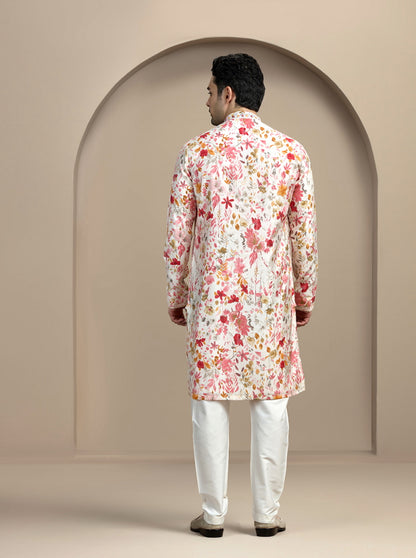 Cream & Pink Printed Kurta Pajama | Virasana
