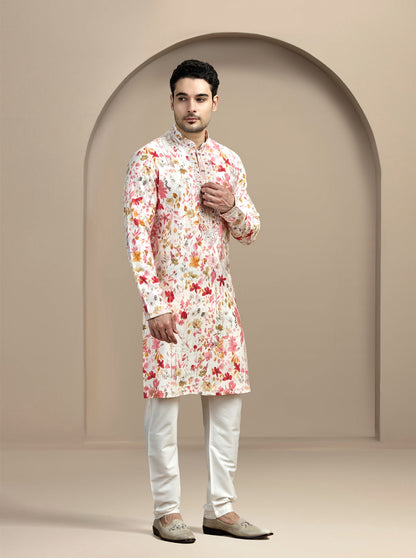 Cream & Pink Printed Kurta Pajama | Virasana