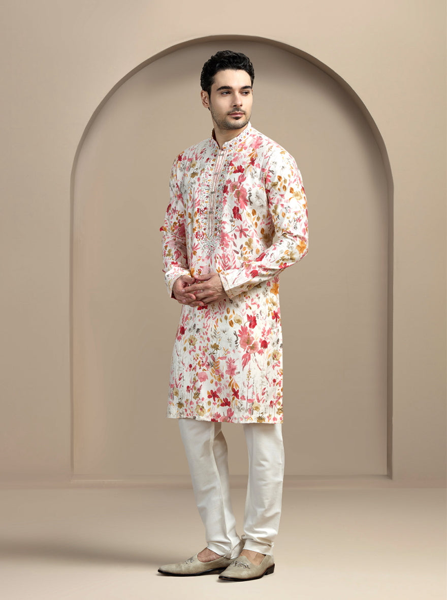 Cream & Pink Printed Kurta Pajama | Virasana