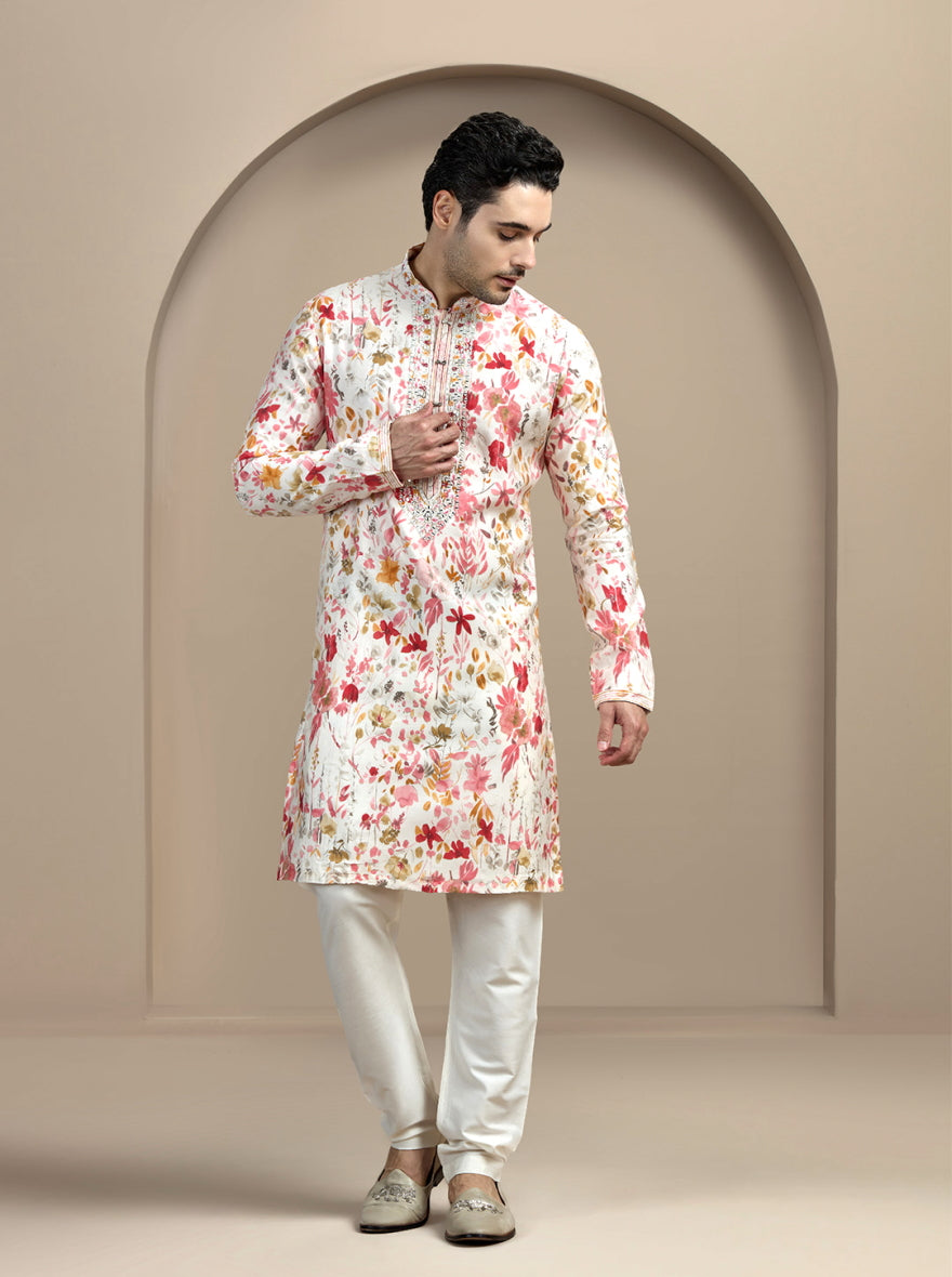 Cream & Pink Printed Kurta Pajama | Virasana