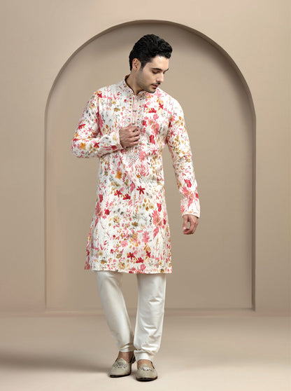 Cream & Pink Printed Kurta Pajama | Virasana