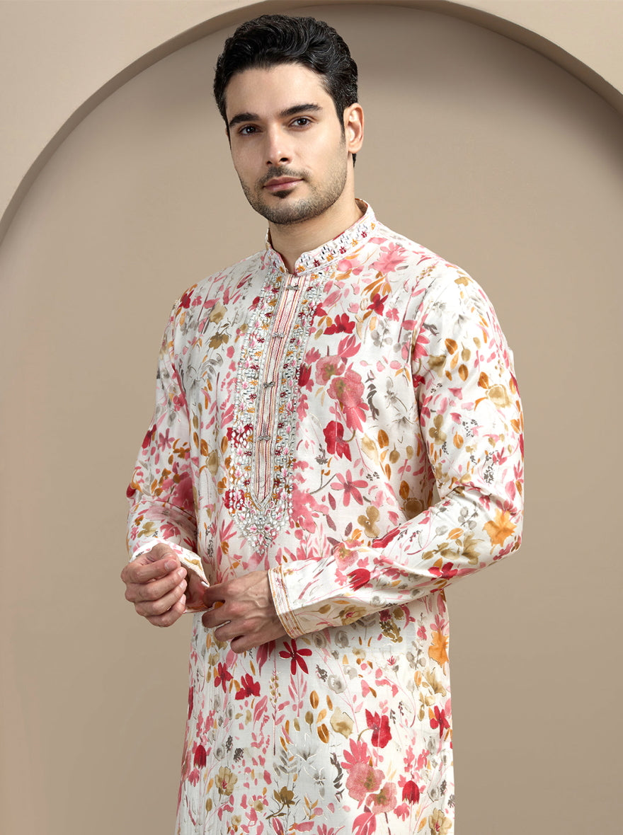 Cream & Pink Printed Kurta Pajama | Virasana