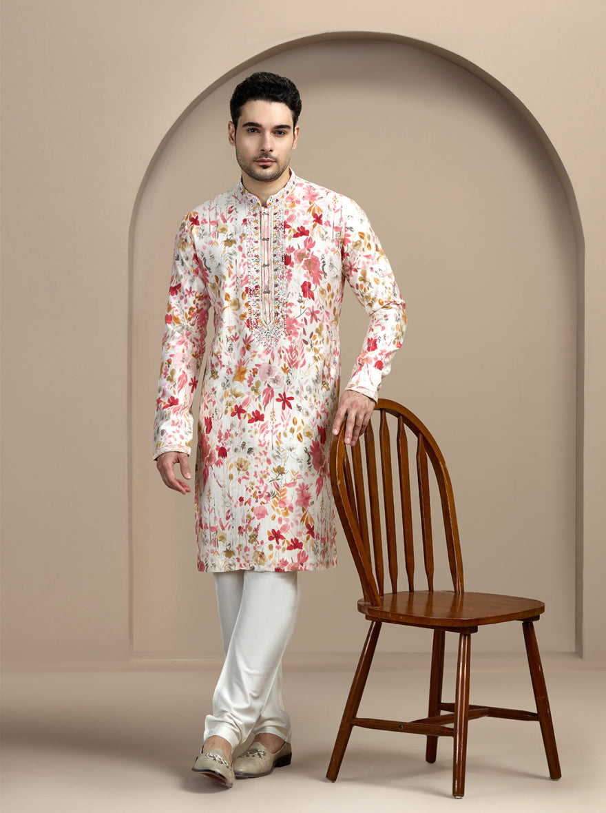 Cream & Pink Printed Kurta Pajama | Virasana